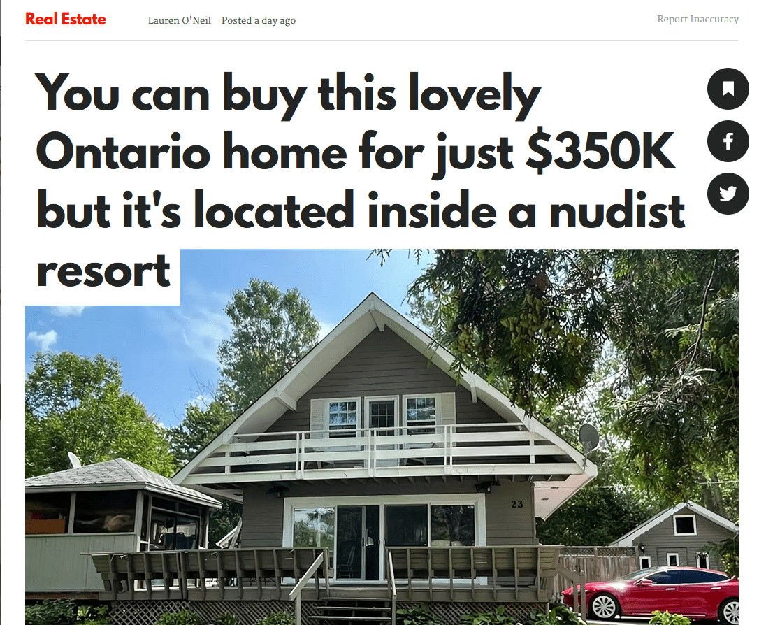 BlogTO Article Screencap about real estate in nudist resort